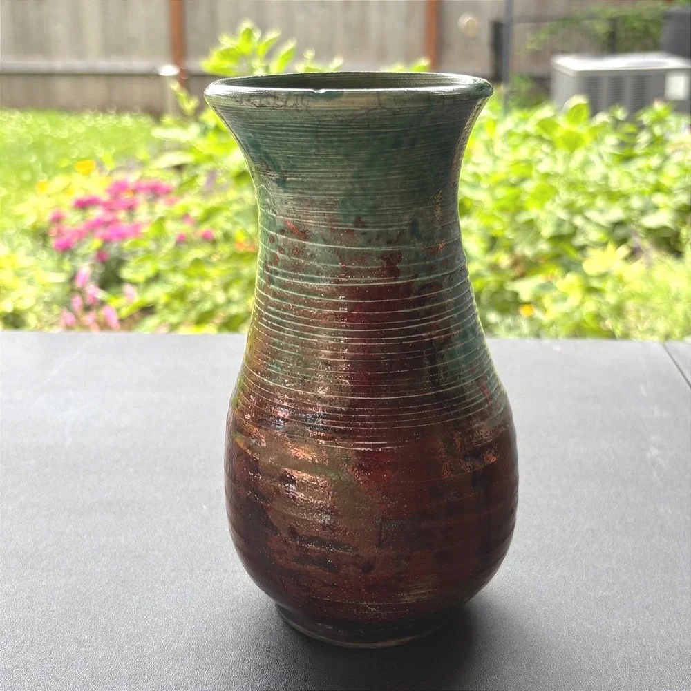 Vintage Gussman Signed Studio Pottery Raku Vase Iridescent Copper Turquoise